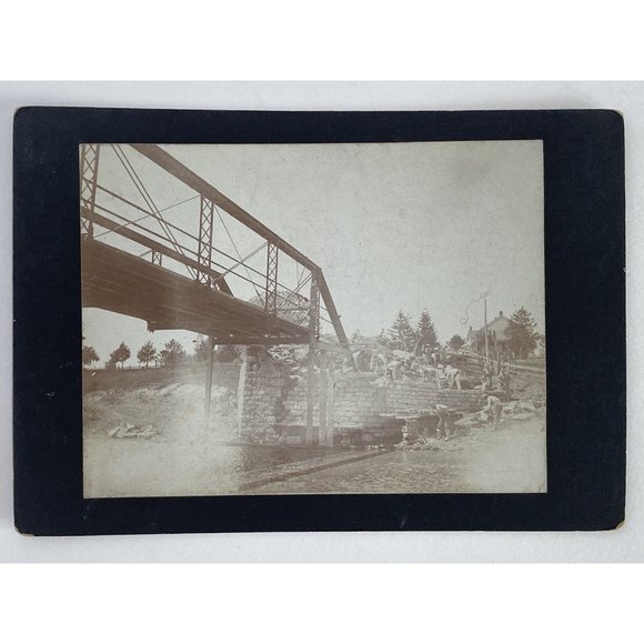 c1900 Cabinet Card Photo Men Building a Bridge Sepia - Picture 2 of 9